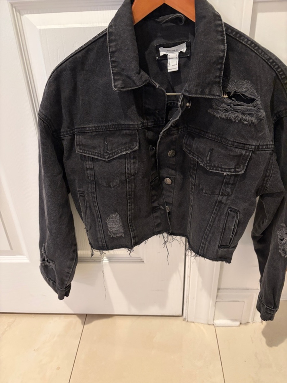 Forever 21 Distressed Black Cropped Denim Jacket